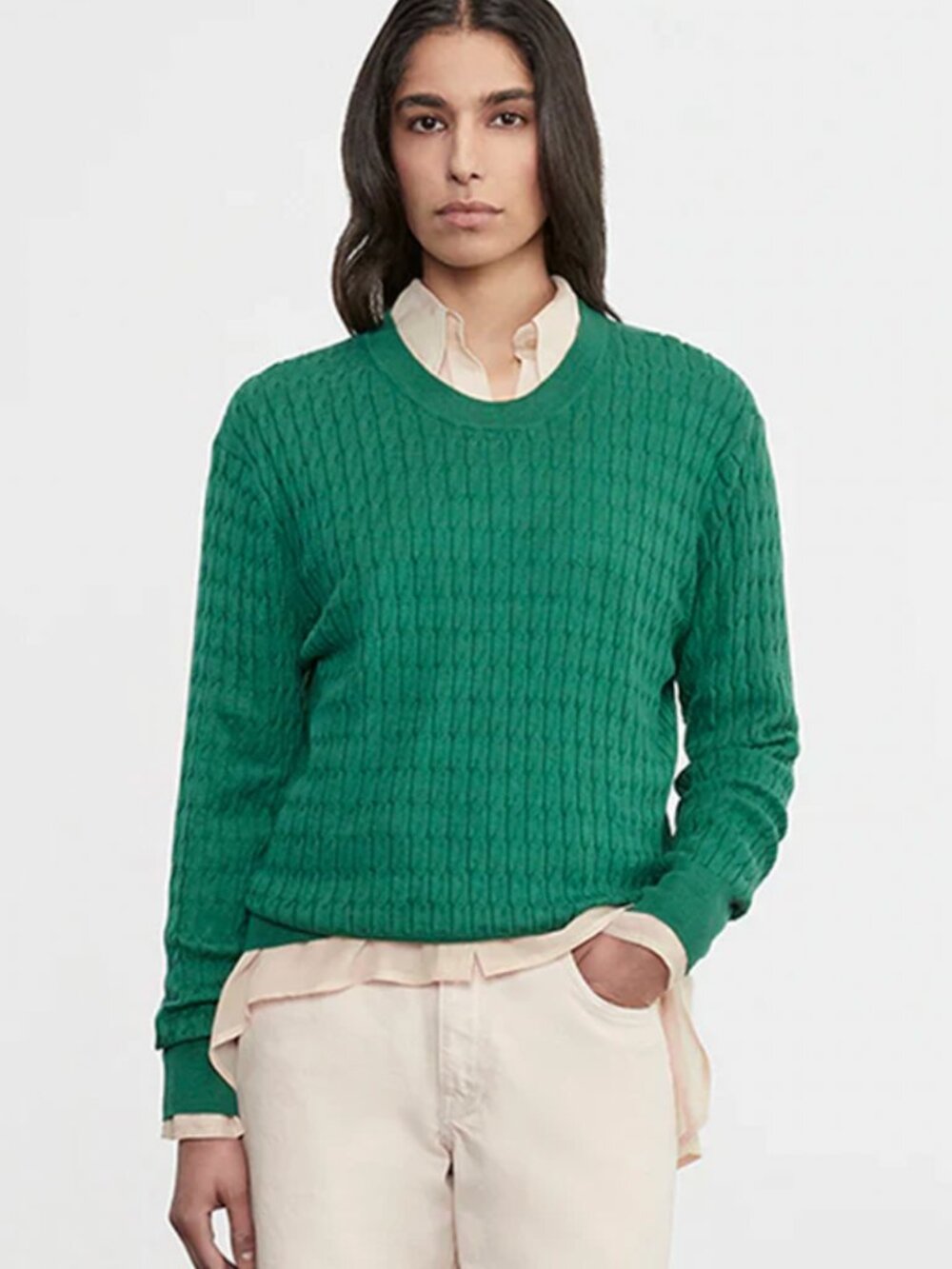 Enza Costa Cashmere Cotton Cable Knit Crew NEW Small Emerald